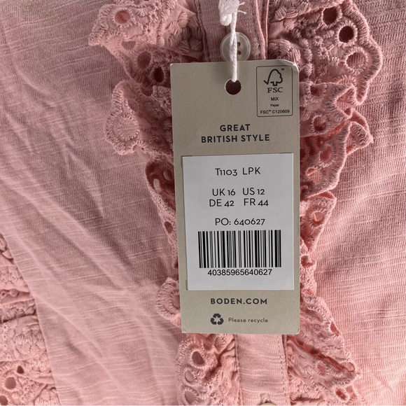 NWT BODEN Broderie Ruffle Jersey Top Milkshake Pink 12 - Picture 5 of 6